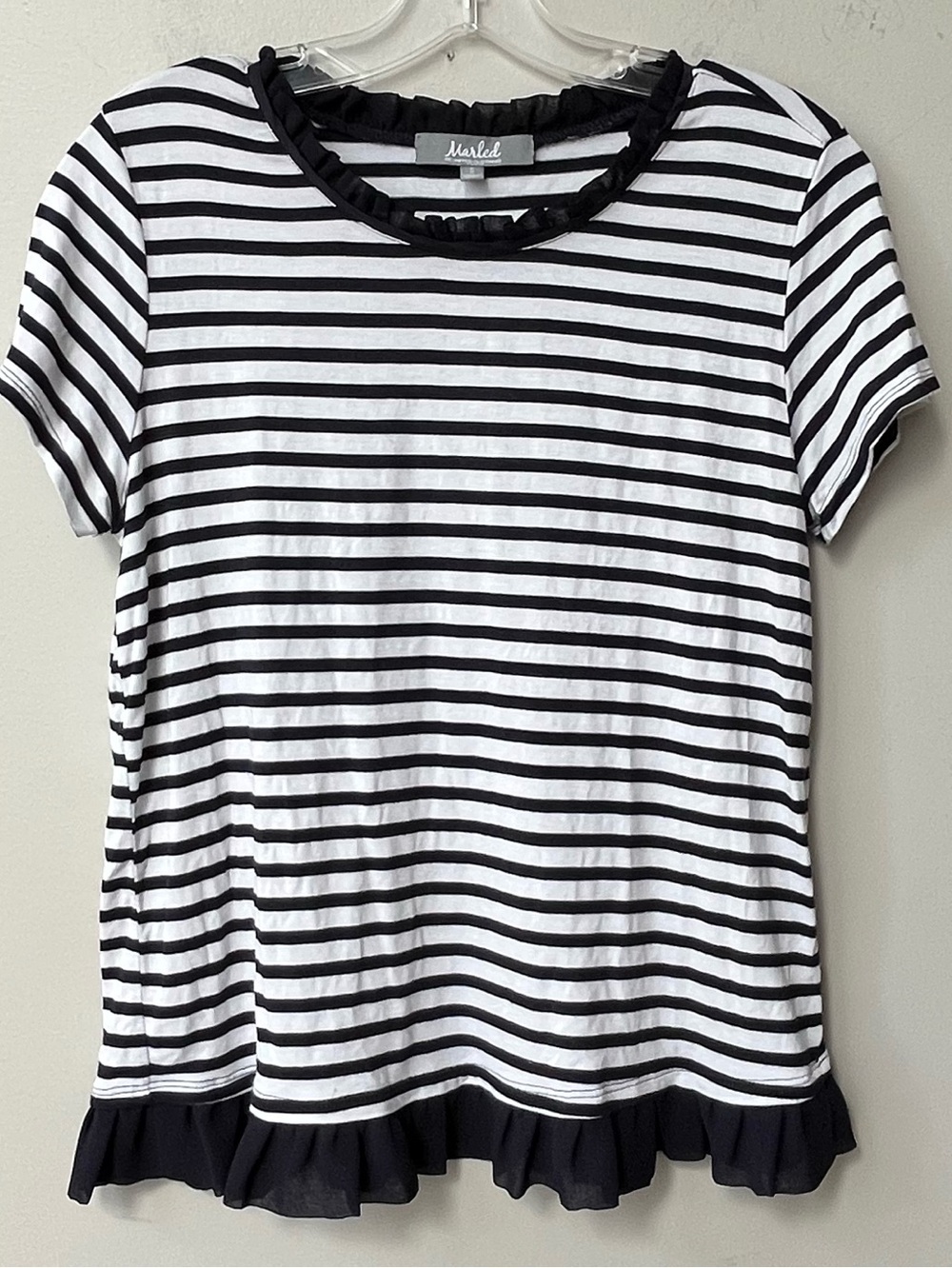 Marled Reunited Clothing Striped Ruffle Hem Top Navy Blue White Small Preppy